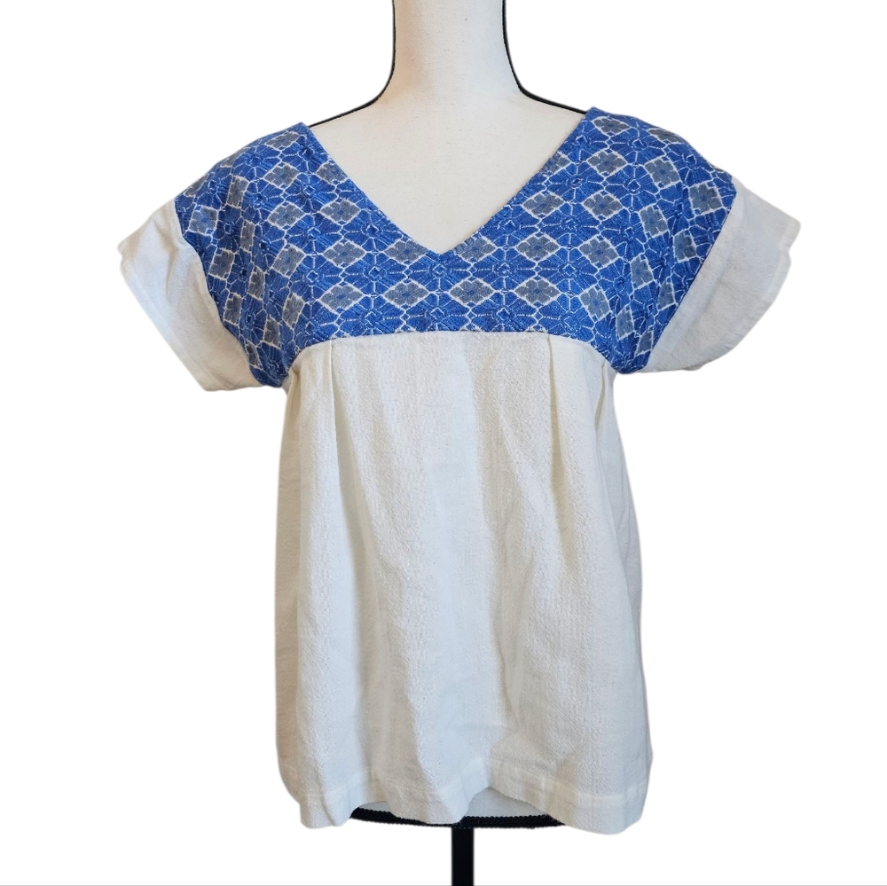 The Coast Brand Blue White Cotton Embroidered Boho Beach Coastal Top OS